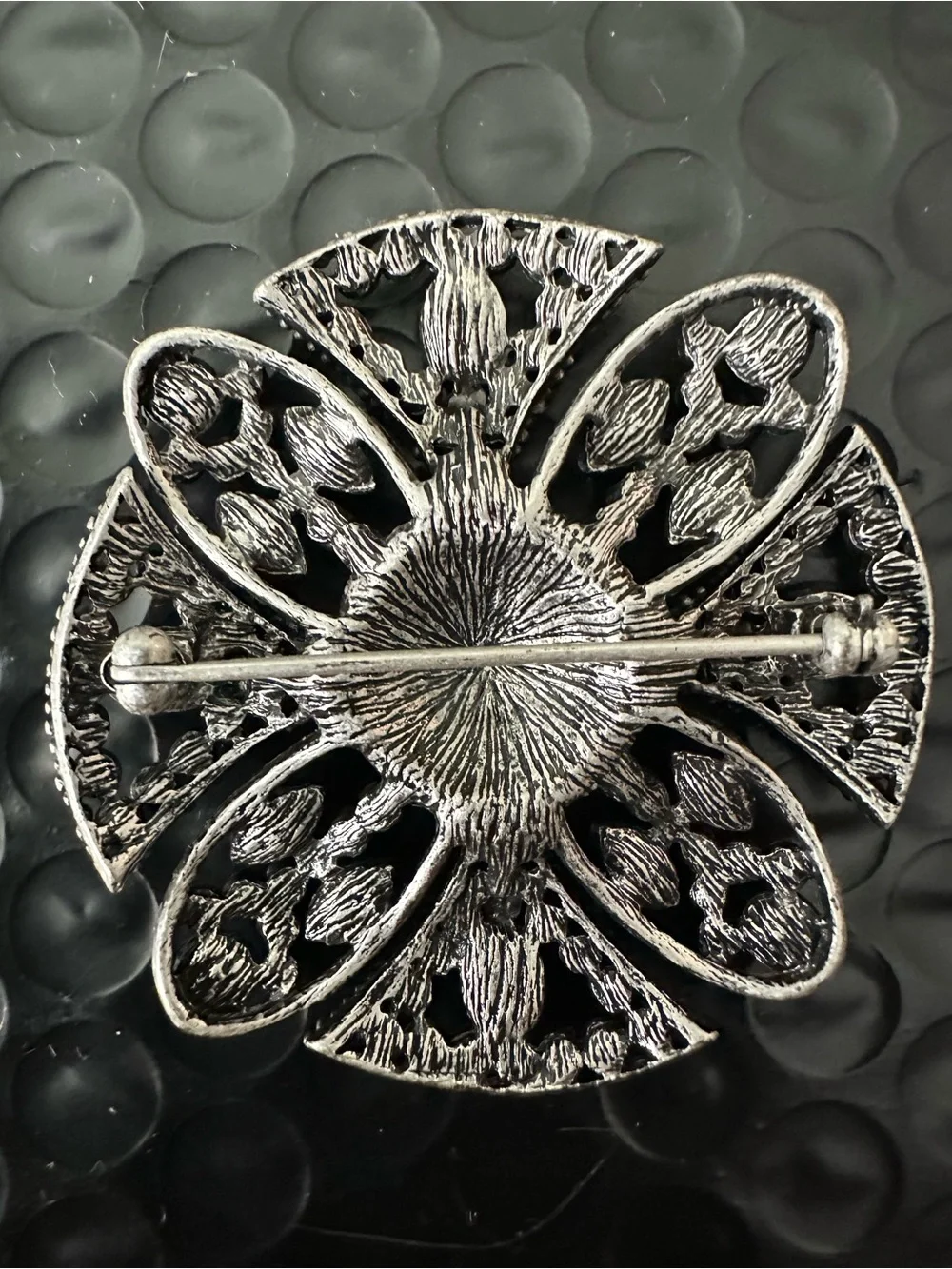 🌸 Blue Teal Rhinestone Floral Brooch Pin Antique Silver Tone Vintage Style